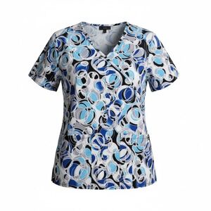 FLEX Women's XS V Neck Scrub Top Blue Grey White Circles Print Short Sleeve